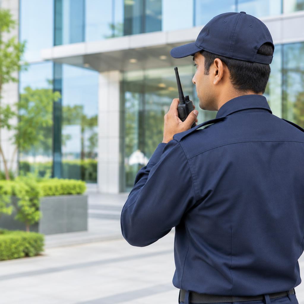 Illustrative security guard using a radio outside an office building